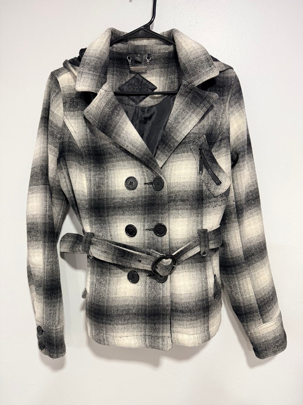 Jou Jou Plaid Pea Coat Vintage Y2K Double Breasted Belted Jacket size Large